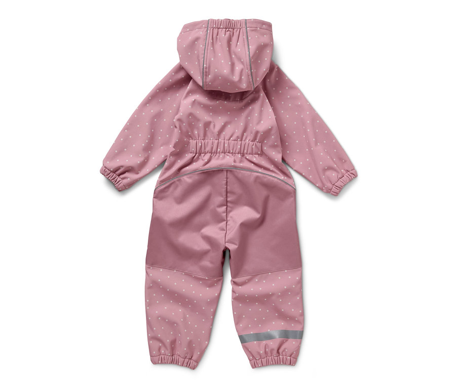 Rosa Kinder-Softshell-Einteiler mit weißen Punkten von hinten.