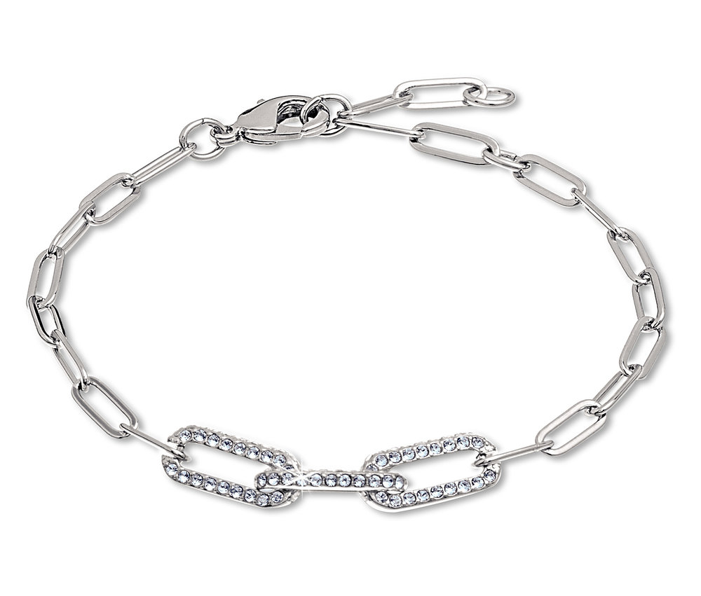 Silbernes Armband mit rechteckigen Gliedern, zwei davon mit Steinen verziert.