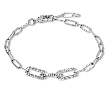 Silbernes Armband mit rechteckigen Gliedern, zwei davon mit Steinen verziert.