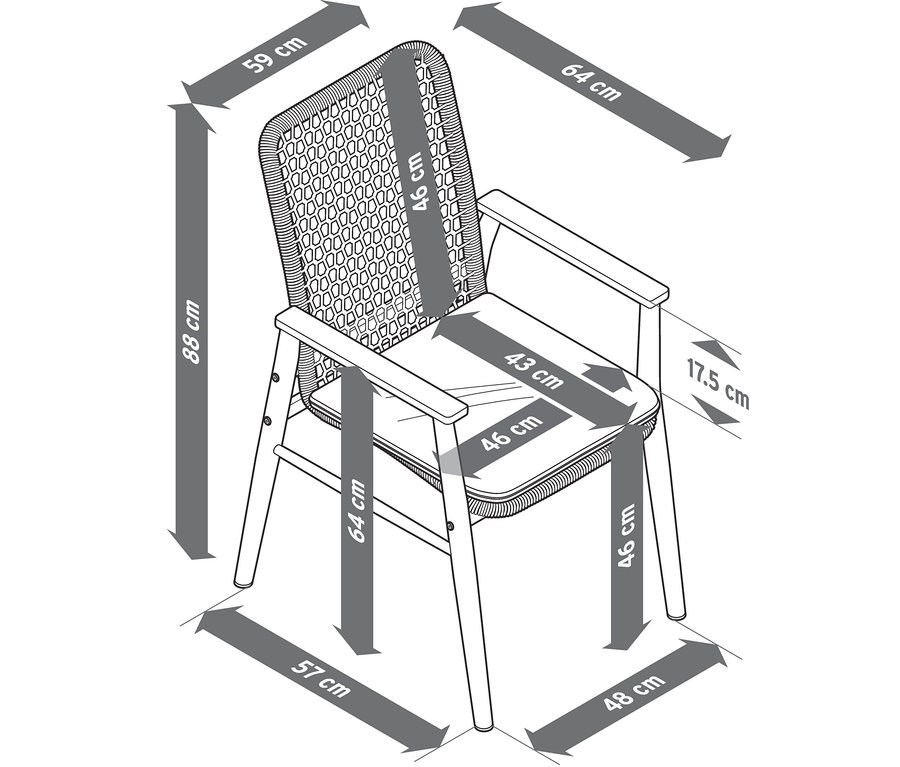 Maße von einem Dining-Stuhl mit Teak-Armlehnen und Textilgeflecht sind mit Pfeilen dargestellt.
