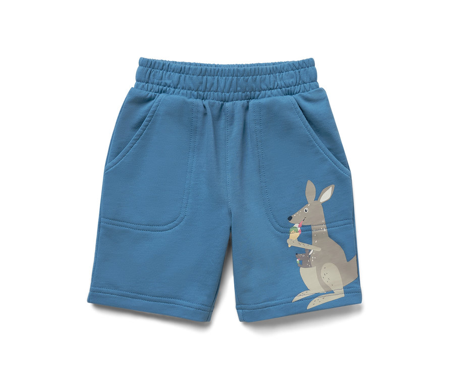 Blaue Kinder-Sweatshorts mit Känguru-Aufdruck.