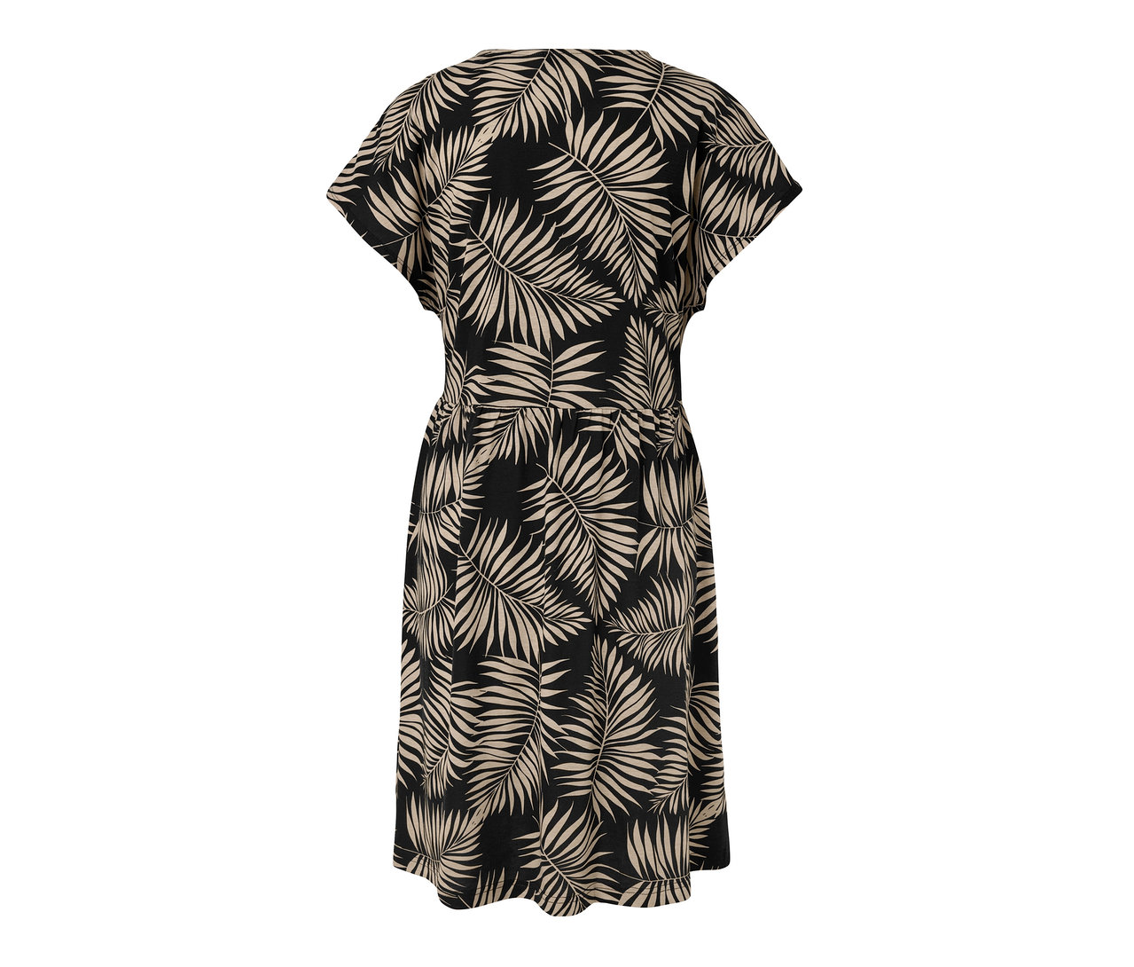 Schwarz-beiges bedrucktes Jerseykleid von hinten.