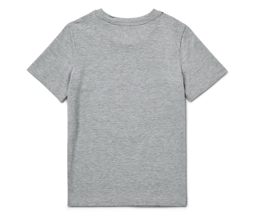 Rückansicht eines grauen Kurzarm-T-Shirts.