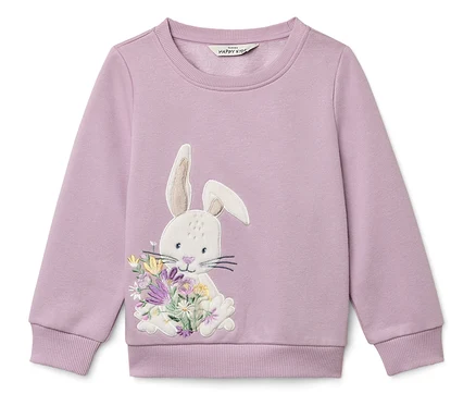 Fliederfarbenes Sweatshirt mit Applikation eines Hasen, der einen Blumenstrauß hält.