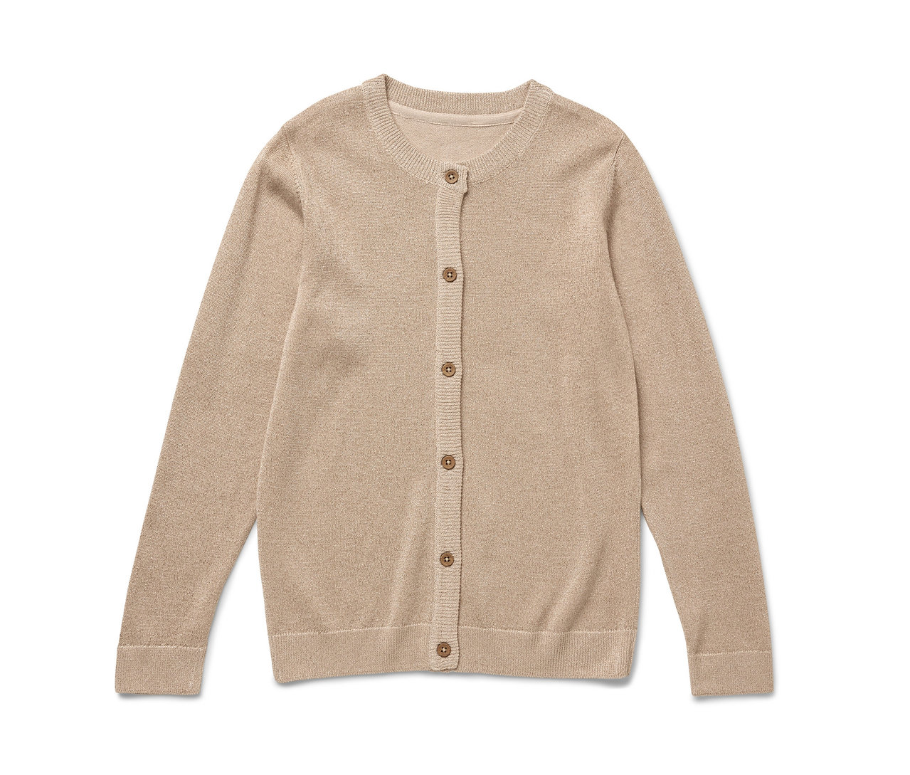 Eine beige Kinder-Glitzerstrickjacke mit Knöpfen liegt.