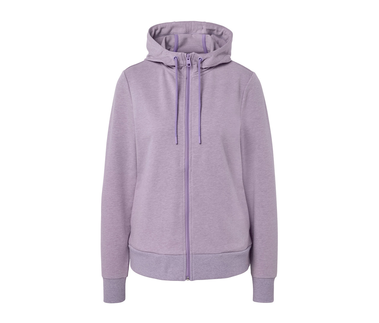 Lila Sweatjacke mit Reißverschluss und Kapuze.