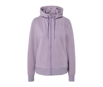 Lila Sweatjacke mit Reißverschluss und Kapuze.