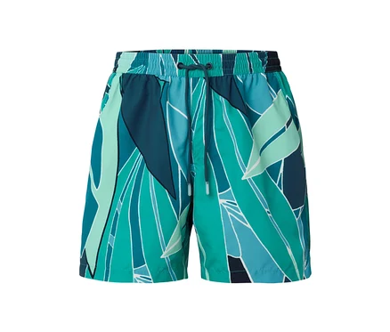 Badeshorts mit abstraktem blau-grünem Muster.