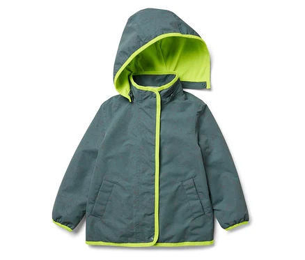 Graugrüne Kapuzenjacke mit neongrünem Rand.