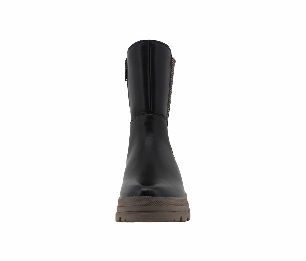 Schwarzer Lederstiefel auf brauner Plateausohle.