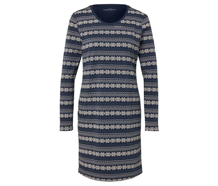 Blaues Strickkleid mit langen Ärmeln und weißem geometrischem Muster.