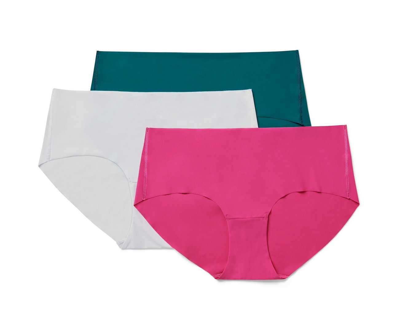 Drei Magic-Cut-Pantys in Grün, Weiß und Pink.