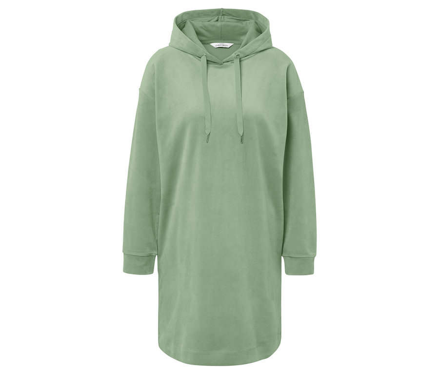 Hellgrünes Kapuzenkleid mit langen Ärmeln.