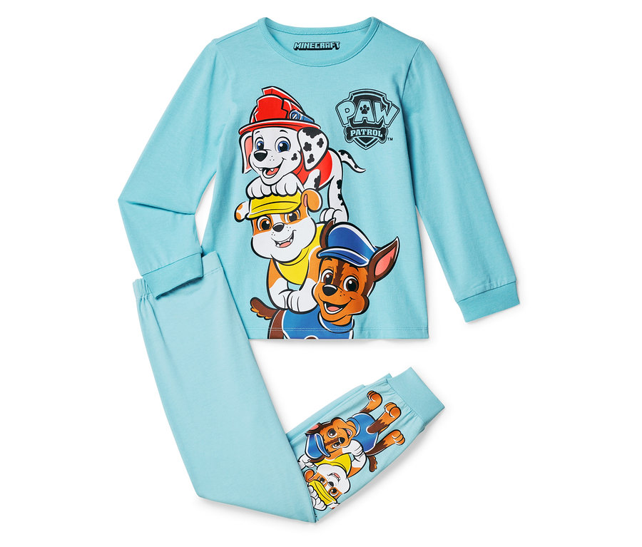 Blauer Kinder-Pyjama »Paw Patrol« mit den Abbildungen der Charaktere auf Oberteil und Hose.