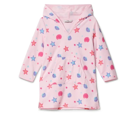 Rosa Kapuzenponcho mit Seestern- und Muschelmuster.