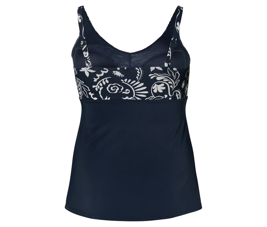 Marinefarbenes Tankini-Oberteil mit weißem Blumenmuster.