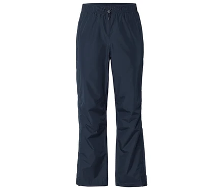 Marineblaue Regenhose mit elastischem Bund und Kordelzug, vor einem weißen Hintergrund.