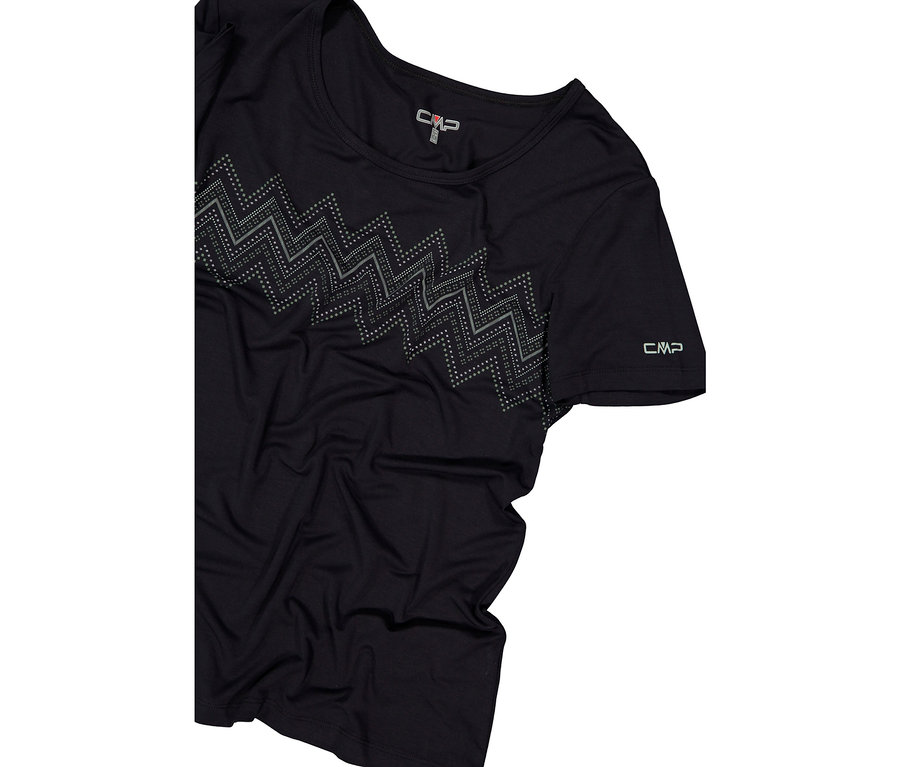 Schwarzes CMP T-Shirt mit Zackenmuster auf der Vorderseite.