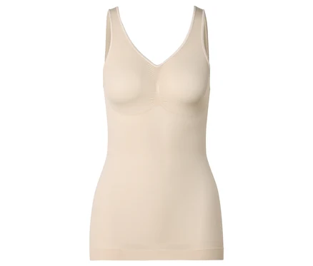 Ein hautfarbenes Tanktop mit V-Ausschnitt liegt vor einem weißen Hintergrund.