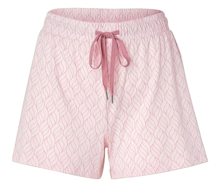 Nahaufnahme einer Shorts mit rosa Muster und Kordelzug.
