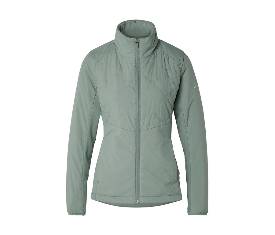 Hellgrüne Steppjacke mit Stehkragen und durchgehendem Reißverschluss. Der obere Bereich ist wellenförmig gesteppt, der untere Bereich und die Ärmel sind glatt.