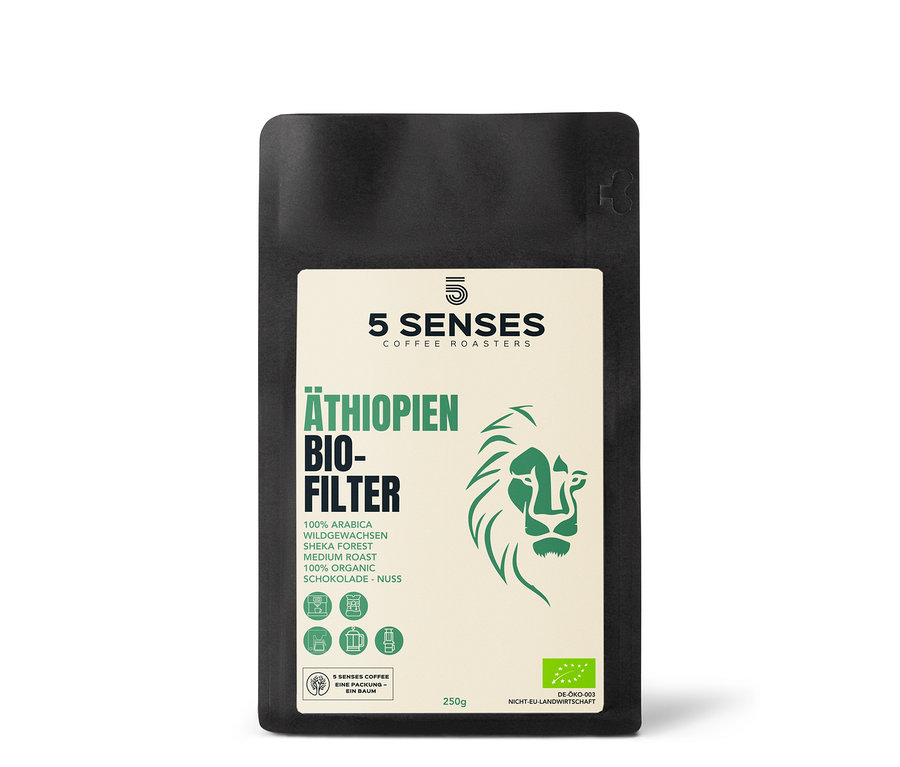 Verpackung von 5 Senses - Bio Äthopien Filterkaffee - 250 g Ganze Bohne.