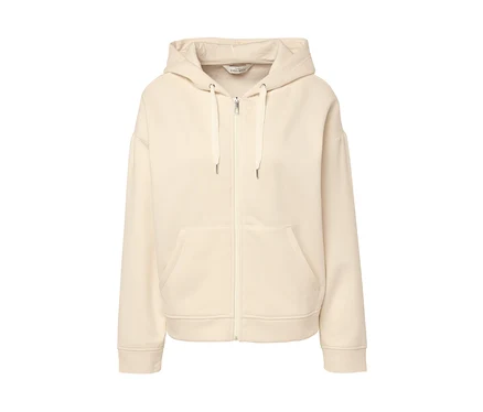 Cremefarbener Kapuzenpullover mit Reißverschluss.