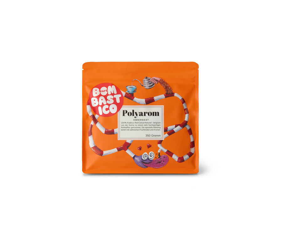 Orangefarbene Packung Bombastico - Polyarom Omni-Roast - 350 g Ganze Bohne.
