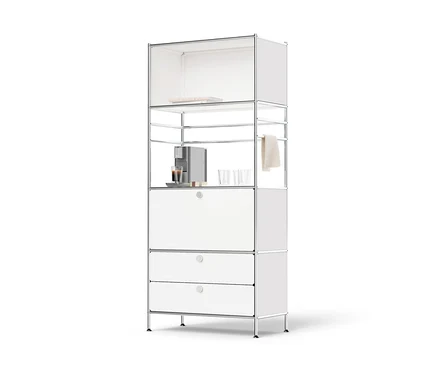Hohes Regal Metall »CN3« mit Klappenfach, zwei Schubladen und Kaffeemaschine.