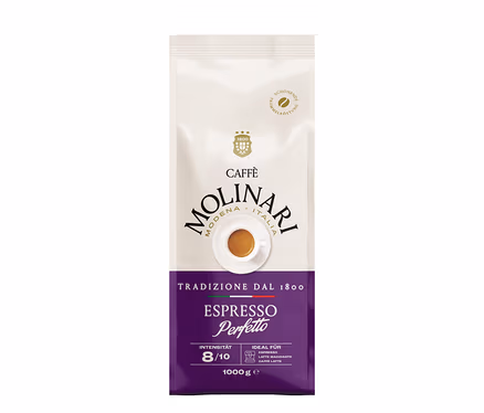 Eine Packung Caffè Molinari Espresso Perfetto Kaffeebohnen.