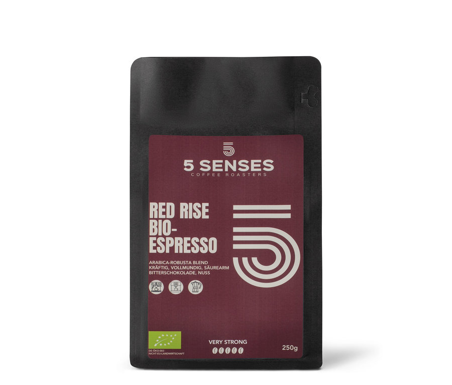 Eine 250-g-Packung 5 Senses Red Rise Bio-Espresso.