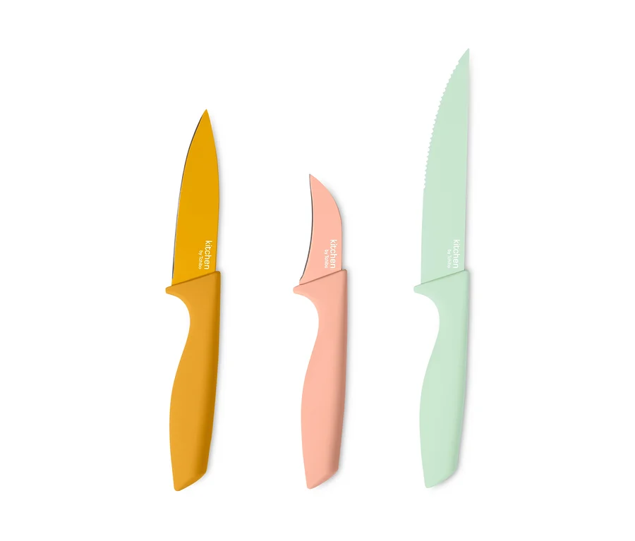 Gelbes, rosa und grünes 3 Küchenmesser Set.