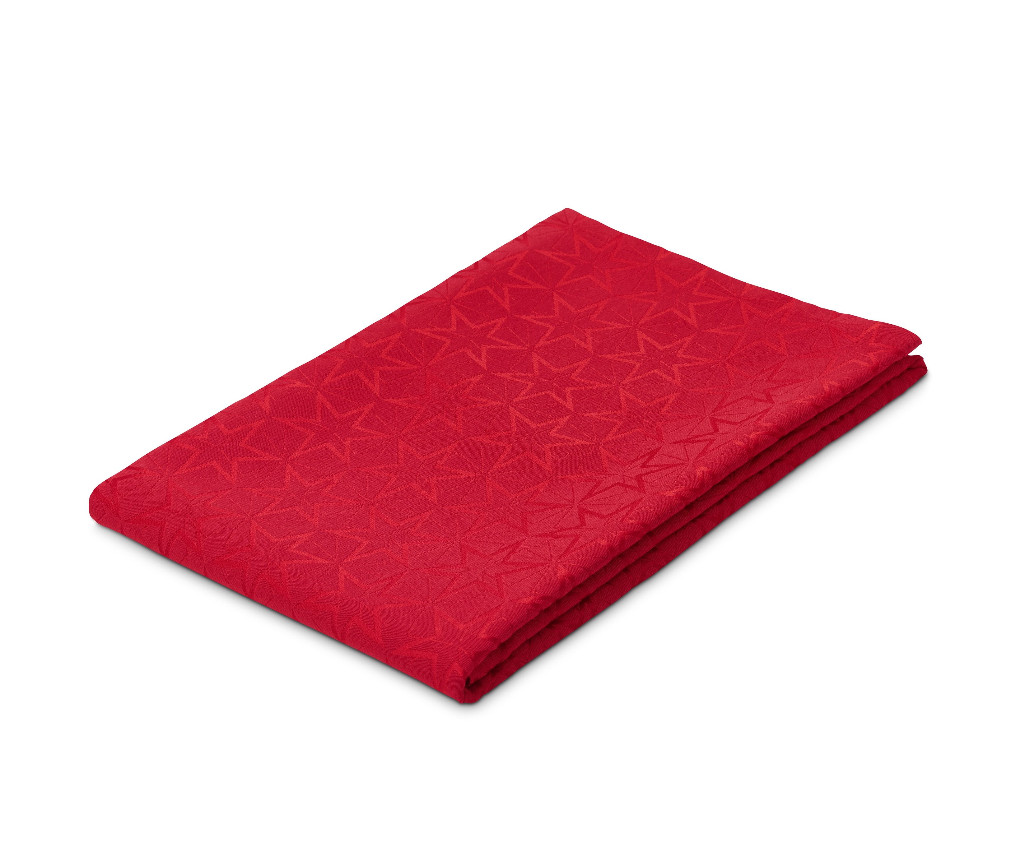 Gefaltete rote Jacquard-Tafeldecke, ca. 275 x 150 cm.
