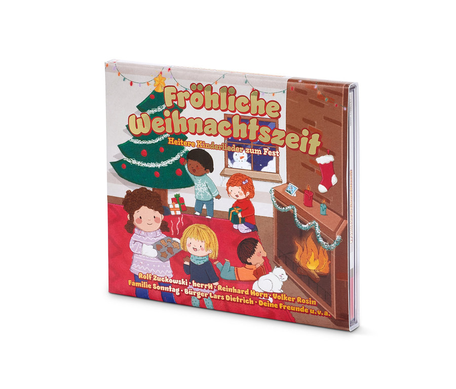 Cover der CD »Fröhliche Weihnachtszeit!« mit Illustration von Kindern und Weihnachtsmotiven.