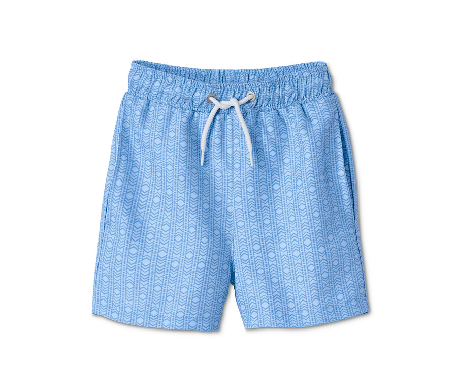 Helleblaue Boardshorts aus recyceltem Polyester mit Muster.