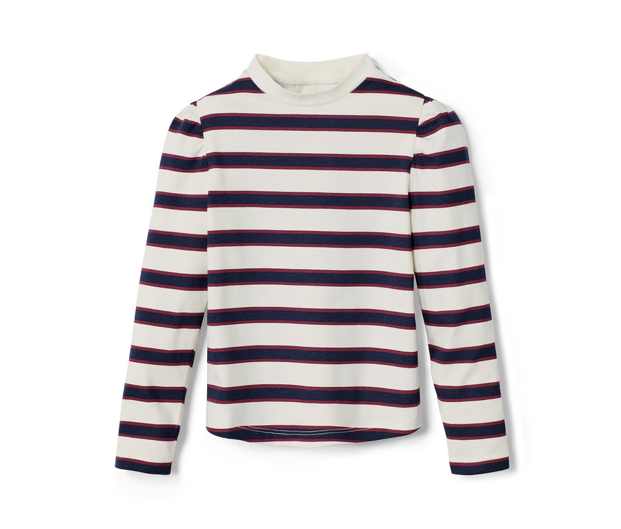 Gestreiftes Kinder-Langarmshirt in Creme und Dunkelblau.