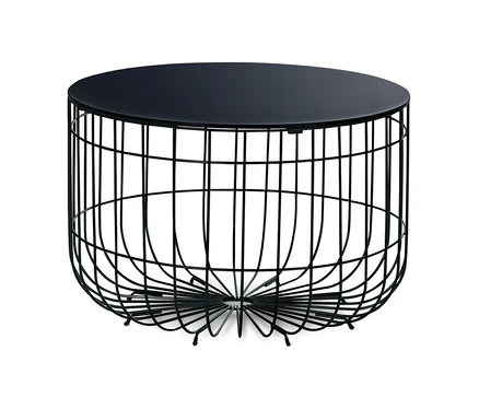 Schwarzer runder Couchtisch mit Glasplatte.