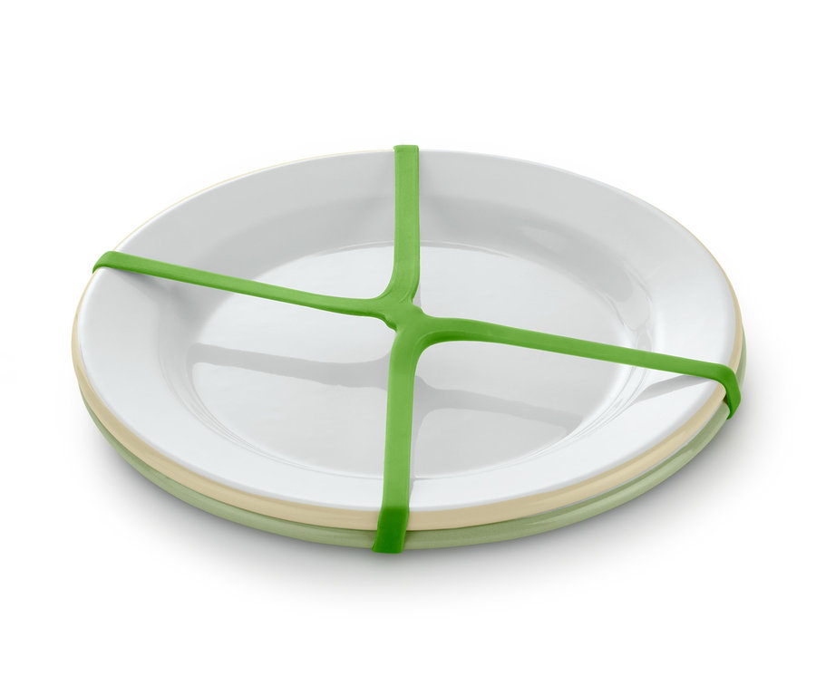Zwei Picknickteller mit einem grünen Halteband.