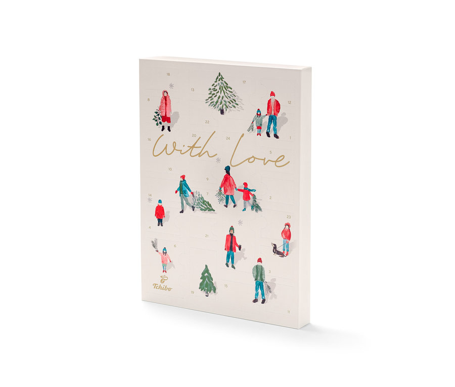 Detailansicht eines Tchibo Adventskalenders mit gezeichneten Wintermotiven.
