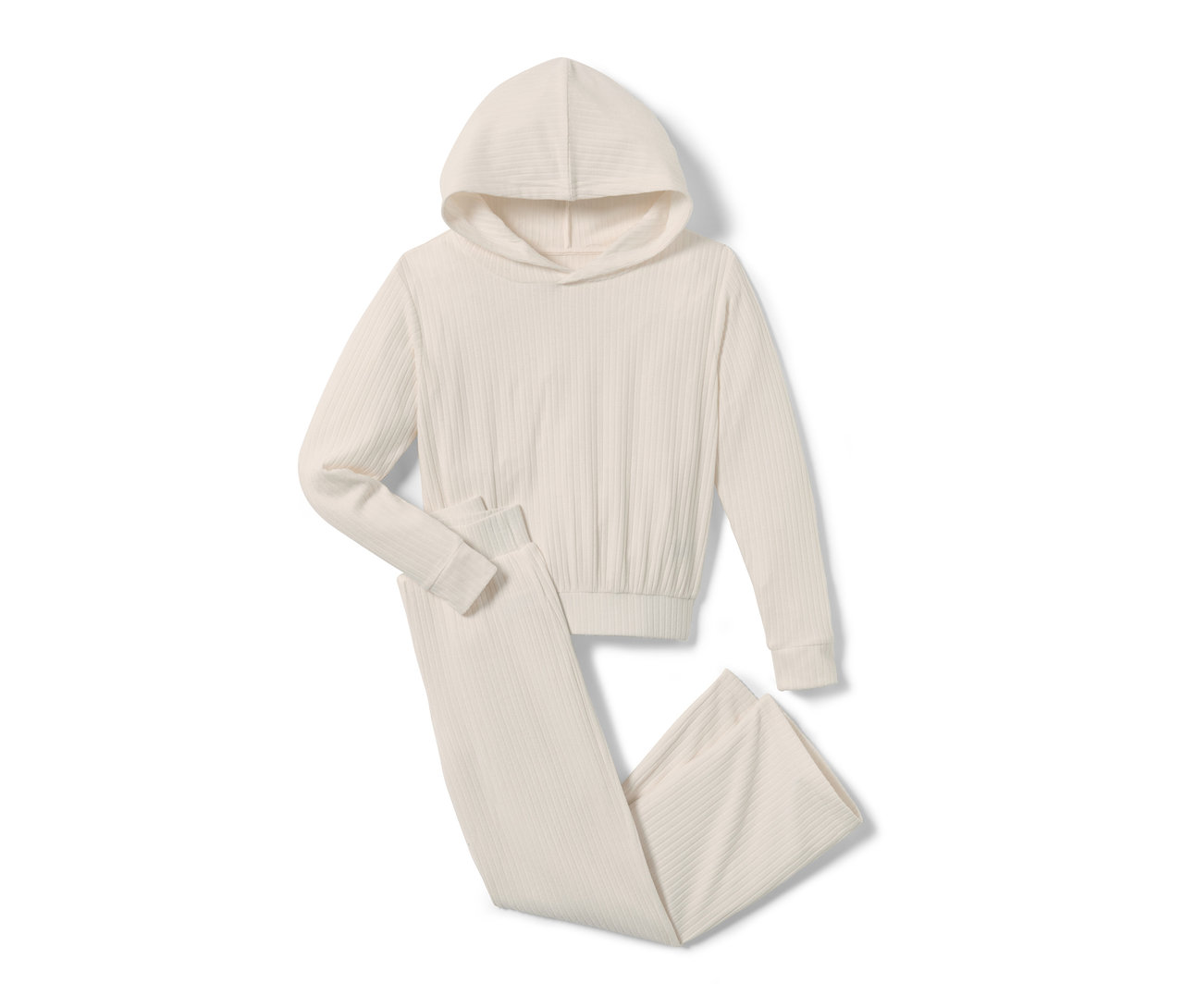 Beiges Kinder-Lounge-Set bestehend aus Kapuzenpullover und Hose.