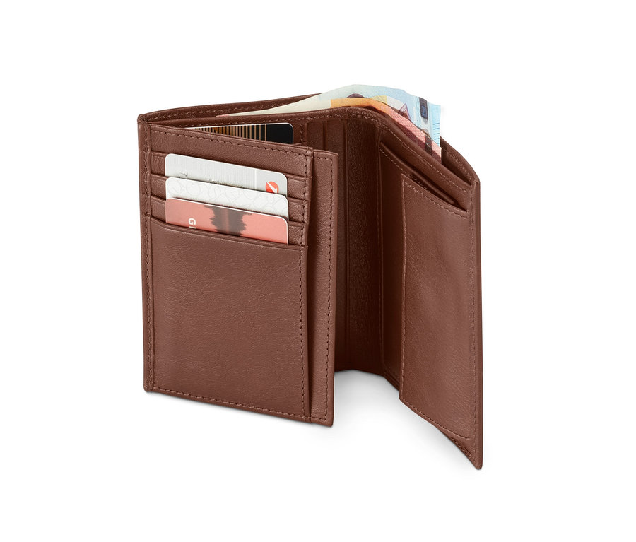 Geöffnete Leder-Börse mit Karten und Geldscheinen.