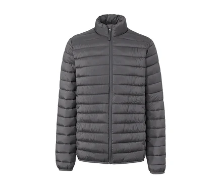 Graue verstaubare Steppjacke mit Reißverschluss.