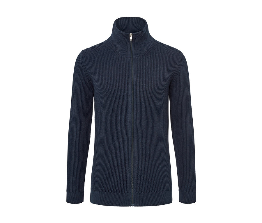 Marineblaue Strickjacke mit Reißverschluss.