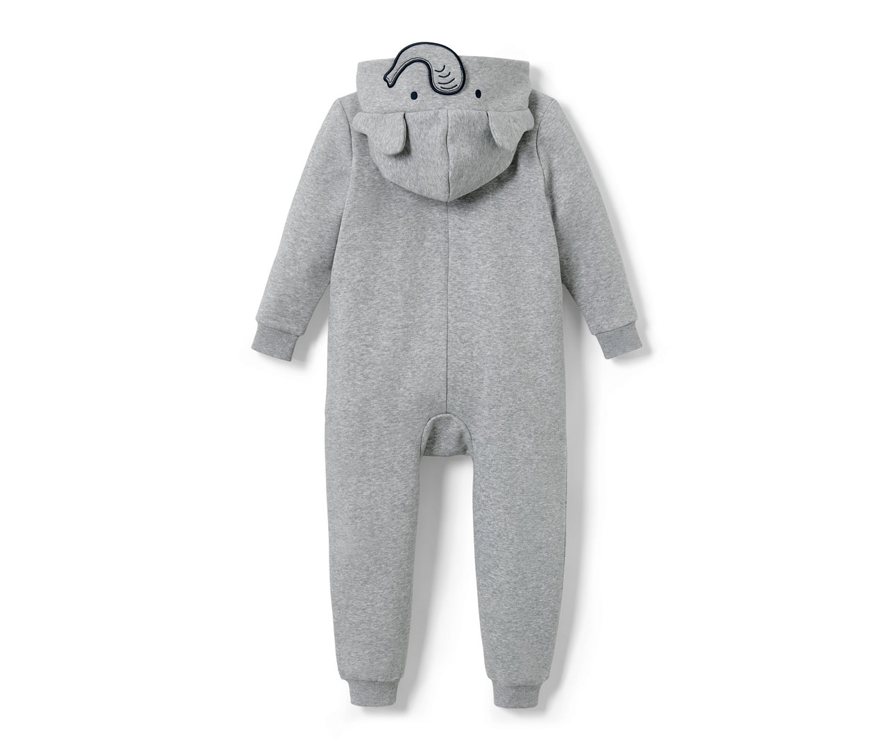 Grauer Kinder-Lounge-Overall mit Kapuze und Elefantenapplikation.