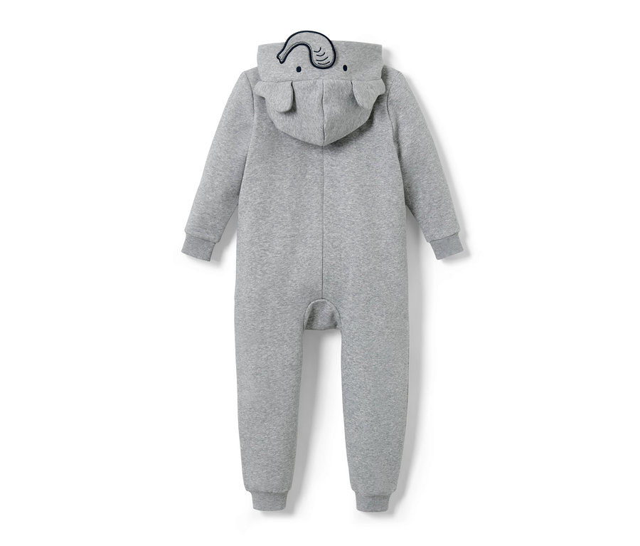 Grauer Kinder-Lounge-Overall mit Kapuze und Elefantenapplikation.