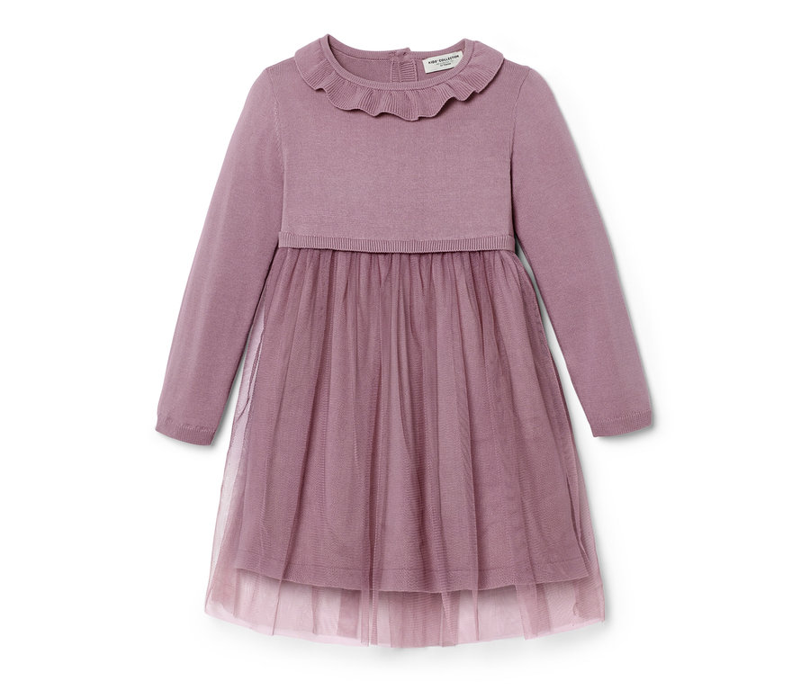 Lila Kinder-Strickkleid mit langen Ärmeln und Tüllrock.