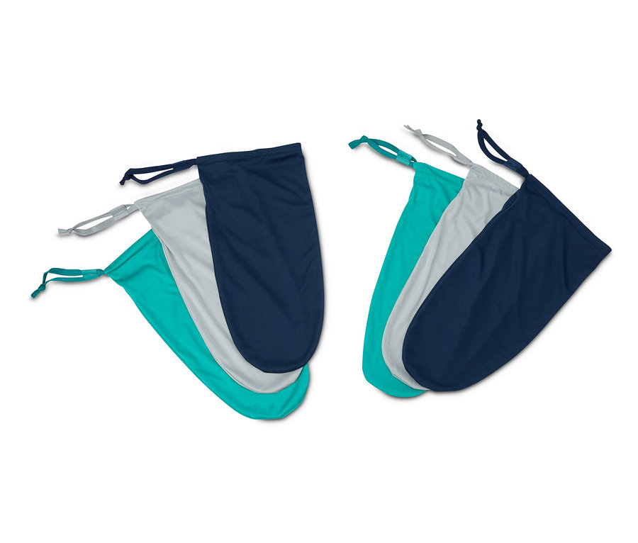 Sechs Reise-Schuh- und Wäschebeutel in Türkis, Grau und Dunkelblau.