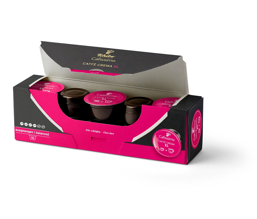 Geöffnete Packung Caffè Crema Wake Up XL – 10 Kapseln mit Kaffeekapseln darin.