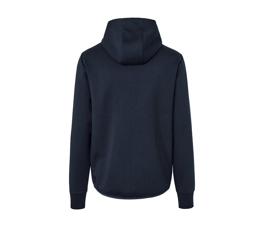 Rückansicht einer marineblauen Funktionssweatjacke mit Kapuze.