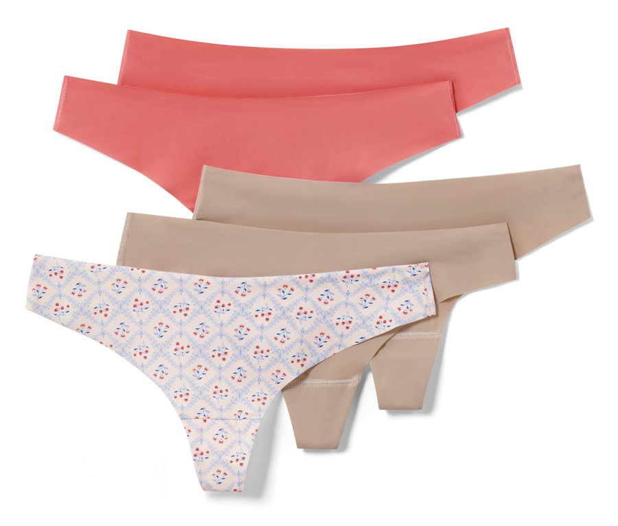 Nahaufnahme von fünf Magic-Cut-Strings in Koralle, Nude und mit Blumenmuster.